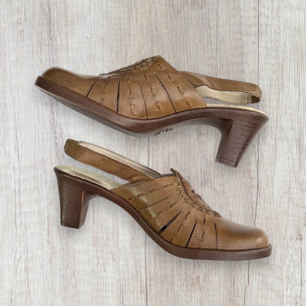 New Sudini Tan Brown Leather Slingback Cut-Out Heels Comfort Pumps 7.5w Wide